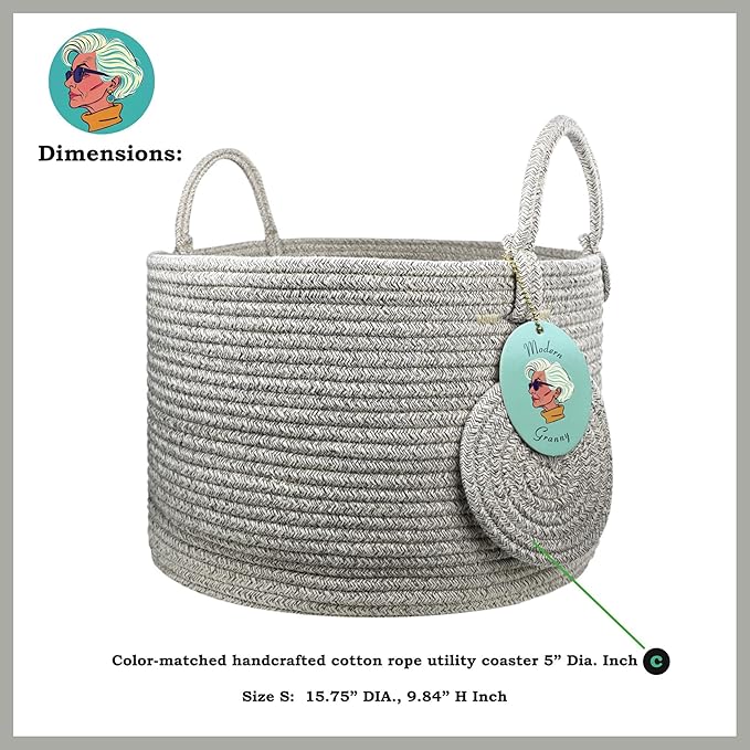 Modern Granny Small Cotton Rope Laundry Basket 16x10 Inch Dual Secure Woven Handle for Living Room Closet Clothes Blanket Organization