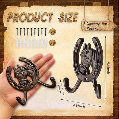 3 Pack Cast Iron Coat Hooks, Rustic Double Wall Hooks, Horse Head Horseshoe Hook, Wall Mounted Farmhouse Coat Hangers, Barn Storage Decor Gift with Screws for Towels, Hats, Keys, Bags, Caps