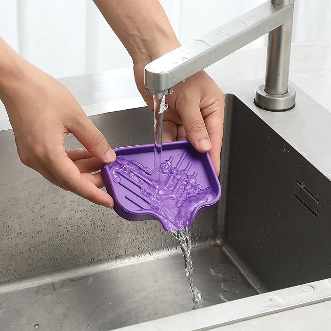 MicoYang Silicone Bathroom Soap Dishes with Drain Spout-Bathroom and Kitchen Sink Organizer,Sponge Holder,Dish Soap Tray,Perfect for Dispenser,Scrubber,Bottle,Cup on Sink or Counter-Purple 4.9"×3.2"