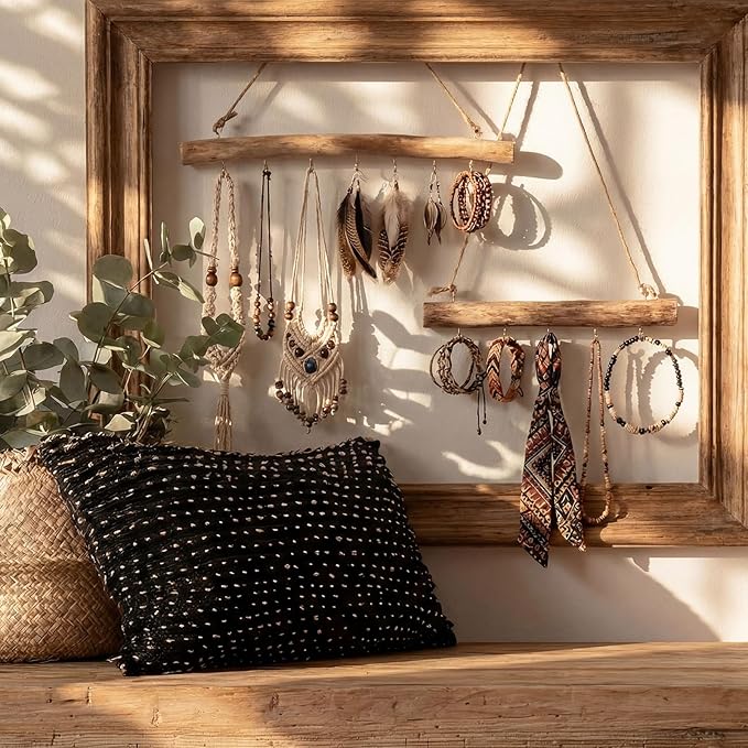 Yinkin 2 Pcs Natural Driftwood Jewelry Hanger Wall Driftwood for Crafts with Hooks 15.75 Inch 9.84 Inch Boho Wall Jewelry Shelf for Home Walls Shop Window Display