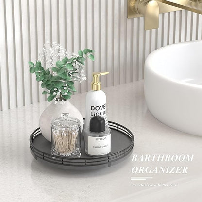 Nature Slate Lazy Susan Turntable for Table Top – 10” Round Slate Tray Organizer for Dining Table, Kitchen Countertop & Bar, Luxury Stone Serving Tray with Black Raised Iron Rim