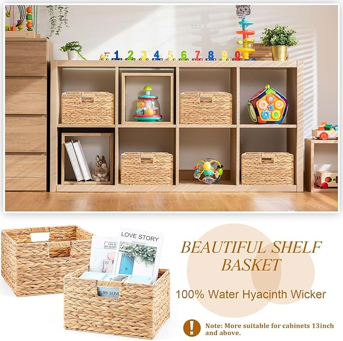 Jinei 12 Pcs Wicker Storage Basket Bulk 13 x 13 x 8 Inch Handwoven Water Hyacinth Cube Bin with Handles Woven Laundry for Organizer Shelves Wood Color