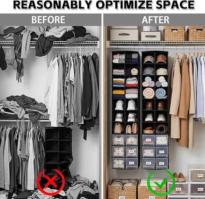 Hanging Shoe Organizer for Closet, 20 Sections Hanging Closet Organizers and Storage Shelves, Space Saving Hanging Shoe Rack, Black, 12''W×12''Dx 50''H