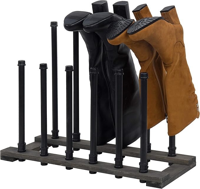 MyGift Rustic Wood Entryway Boot Rack Organizer Tall Boots Inverter Holder - Holds up to 6 Pairs (Vintage Gray Wood & Black Metal Material Wood, Metal)