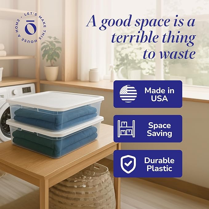 HOMZ 2-Pack Snaplock, Small Clear Plastic Storage Organizer Bins w/ Lids, 28 Quart, White - Stackable Container Boxes for Bedroom, Bathroom, Garage, and Office Organization