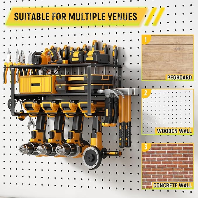 Hipidian Power Tool Organizer Wall Mount - Storage Rack with 4 Drill Holders for Drills Cordless Tools. Heavy Duty Iron Garage Tool Organizer Storage for Workshop Shed (4 Slots 3 Layers)