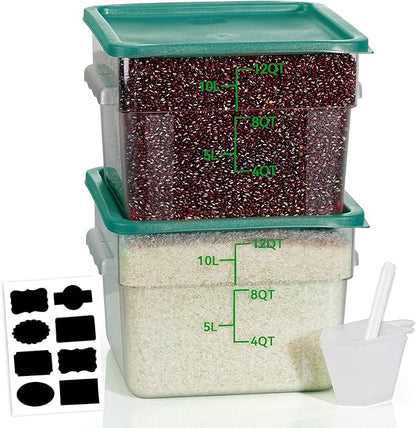 12QT NSF Food Storage Containers: 2 PCS [Food Grade][Hot&Cold Resistant] Commercial Clear Square Food Storage Containers with Scales Handles for Home Restaurant Kitchen Proof Dough(BPA FREE-GREEN N2)