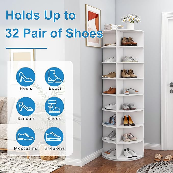 8-Tier Rotating Shoe Rack Tower, Spinning Shoe Tower Display Lazy Susan, Revolving 360° Shoe Rack Storage Round Carousel, Vertical Handbag Rotate Shoes Closet Organization