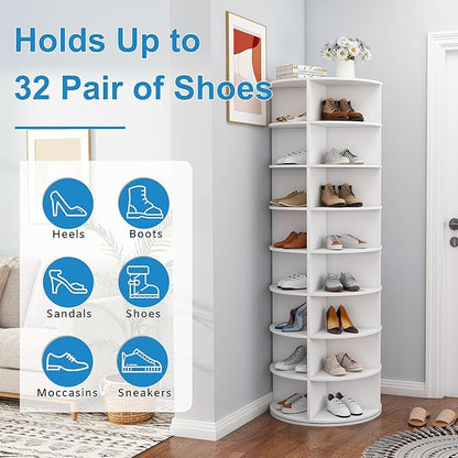 8-Tier Rotating Shoe Rack Tower, Spinning Shoe Tower Display Lazy Susan, Revolving 360° Shoe Rack Storage Round Carousel, Vertical Handbag Rotate Shoes Closet Organization