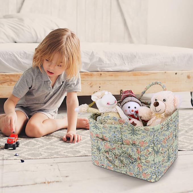 Storage Basket Boho Fabric Large Collapsible Floral Laundry Nursery Hamper Portable Folding Storage for Clothes Toys (Light Green A)