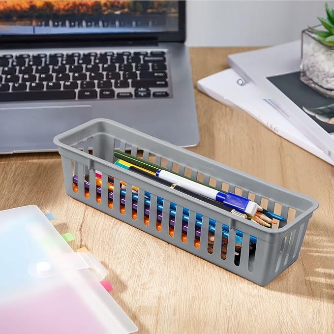 Domensi 12 Pack Slim Plastic Storage Baskets Tray for Organizing 10.25x3.25x2.5 Inch Small Narrow Storage Bins Stackable Drawer Pencil Trays Holder for Desk Garage Cabinet Container (Gray)