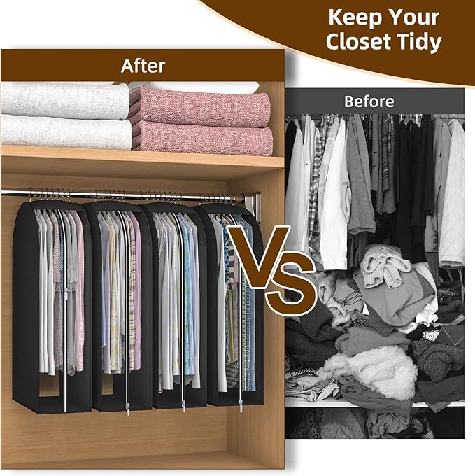 Black Garment Bags for Hanging Clothes 4 Packs, 10“ Gusseted and 43" Clothes Protectors for Hanging Clothes for Closet, Shirts, Coats, Dresses