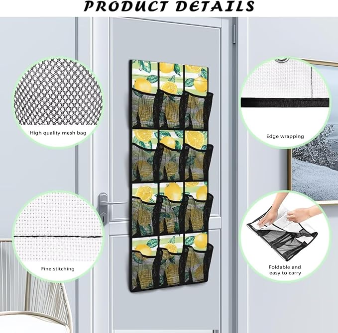 Lemons Over the Door Shoe Organizer,Hanging Storage Bags with 12 Mesh Large Pockets,Behind Door Shoes Hang Holder Rack