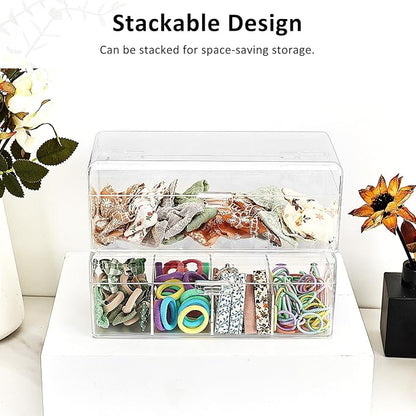JessLab Hair Accessories Organizer for Girls, Acrylic Hair Bow Tie Clip Scrunchie Holder with Dividers, Clear Stackable Storage Box for Bathroom, Bedroom, Vanity Countertop (1 Compartment)