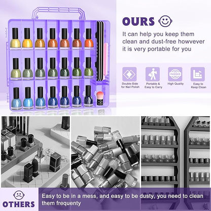 SUBAY Portable Nail Polish Organizer, Clear Double Side Nail Polish Holder,Gel Nail Storage for 48 Bottles with 6 Adjustable Dividers in Each Side Space Saver, Purple