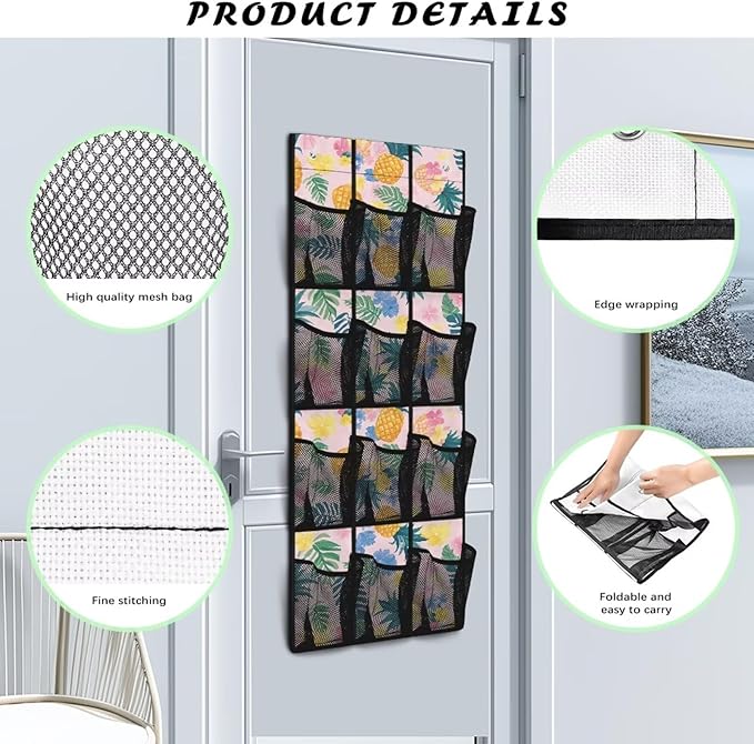 Over the Door Shoe Organizer 12 Large Mesh Pockets Sturdy Oxford Shoe Storage Organizer Hanging Shoe Rack for Closet Tropical Flower Pineapple