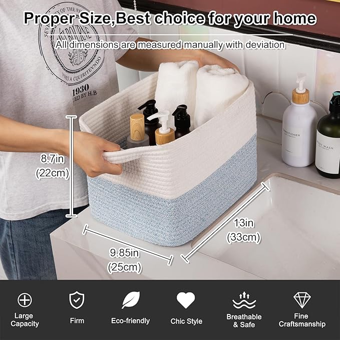 OIAHOMY Woven Storage Basket for Shelves, Rectangle Cotton Rope Baskets for Organizing, 13 x 10 x 9 in, Storage Bins for Dog Toys,Towel,Books,Gift,Blue and White