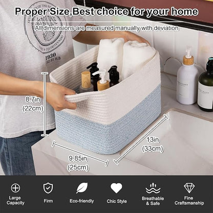 OIAHOMY Woven Storage Basket for Shelves, Rectangle Cotton Rope Baskets for Organizing, 13 x 10 x 9 in, Storage Bins for Dog Toys,Towel,Books,Gift,Blue and White