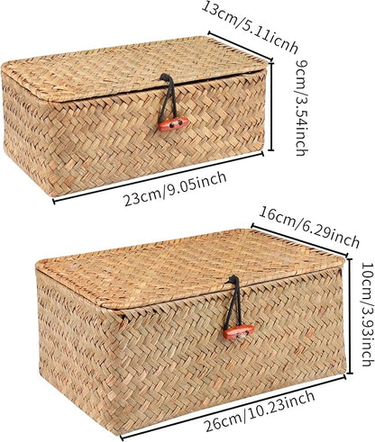Moosky Wicker Shelf Baskets with Lid,Handwoven Seagrass Basket for Storage Basket Bins Rectangular Home Organizer Gift Boxes (Natural Set of 2)