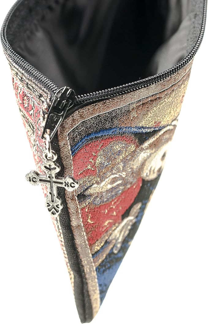 Intercession Hand-Woven, Lined Madonna and Child Rosary Pouch, Made in Turkey with Premium Metallic Thread (Red - Small)