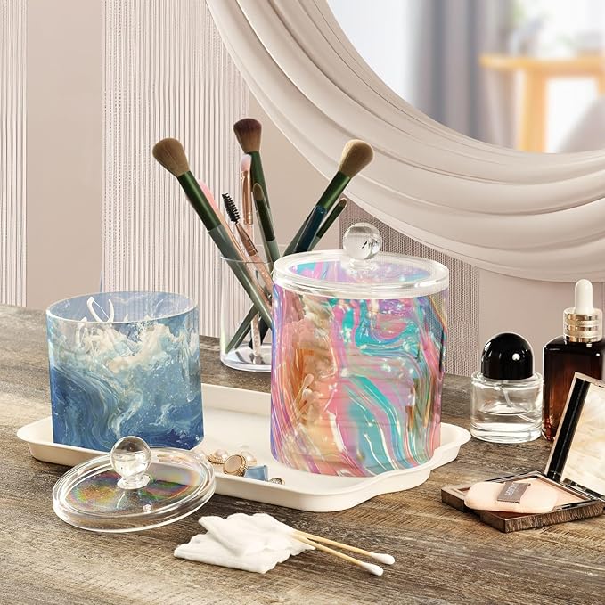 2 Pack Qtip Dispenser Apothecary Jars with Lids Cotton Round Holder Bathroom Canisters for Cotton Swab Floss Ball Pads Clear Plastic Decorative Pink Blue Liquid Fluid