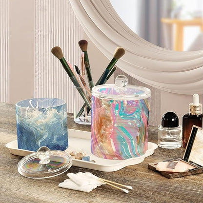 2 Pack Qtip Dispenser Apothecary Jars with Lids Cotton Round Holder Bathroom Canisters for Cotton Swab Floss Ball Pads Clear Plastic Decorative Pink Blue Liquid Fluid