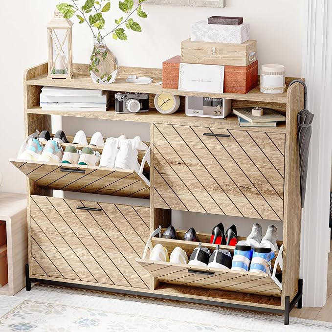 Shoe Cabinet for Entryway,Large Shoe Storage Cabinet with 4 Flip Drawer,Narrow Shoe Organizer Rack with Open Storage Shelf for Hallway,Closet