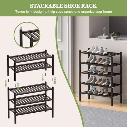 ROMGUAR CRAFT 3 Tier (Thick) Bamboo Shoe Rack for Closet Free Standing Wood Shoe Shelf for Entryway Small Space Stackable 27"x12"x21" (Black Brown)