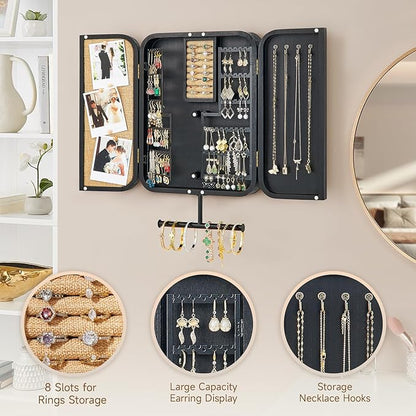 Pinzoveco Hanging Jewelry Organizer, Wall Mounted Jewelry Organizer for Earring Holder Organizer, Jewelry Cabinet Holder Jewelry Storage Box for Earrings, Necklaces, Bracelets, Ring Holder (Black)