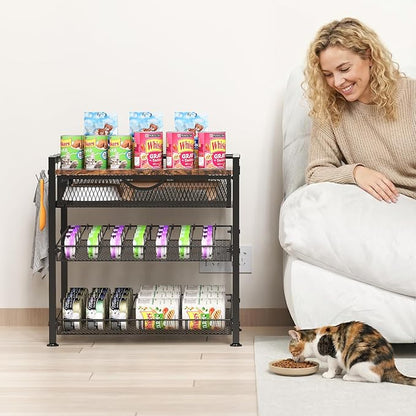 Cat Food Organizer，2 Floors Bring Drawer Storage Rack, Manually Adjust The Gap Size，Store Suitable Can Sizes Container，Automatic Slip Design，Suitable For Pet Food Canned Food Dispenser