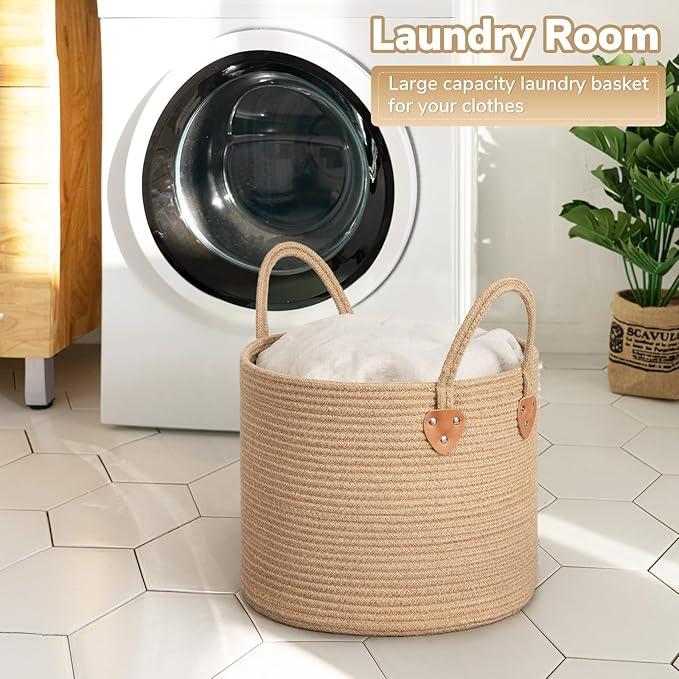 CHICVITA Jute Laundry Basket With Handles, Wicker Basket for Kids Blankets Toys Clothes Shoes, Baby Hamper for Nursery Boho Decor, Plant Baskets Indoor, 14" X 14" X 12", Jute Brown