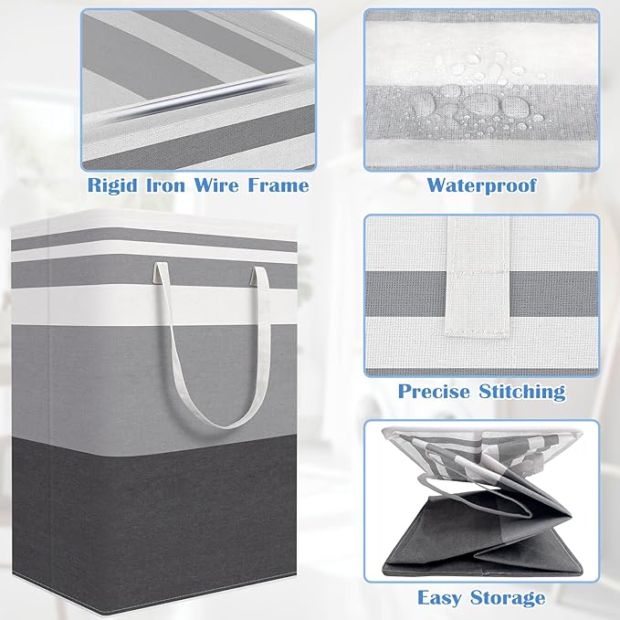 BlissTotes 3-Pack Laundry Basket, Freestanding＆Waterproof Laundry Hamper, Collapsible Tall Clothes Hamper with Easy Carry Handles for Clothes, Towels in the Family and Dorm,Gradient Grey,88L