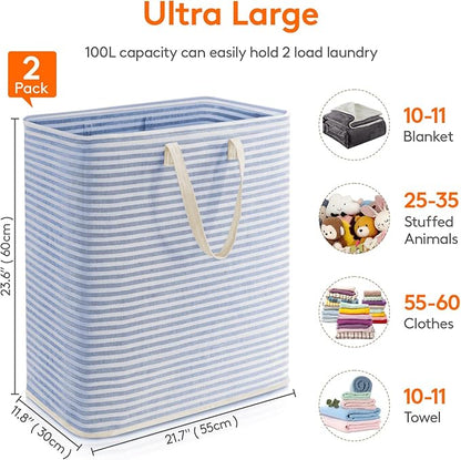 Lifewit 2 Pack Laundry Basket 100L Each, Collapsible Clothes Hamper with Reinforced Handles, Freestanding Waterproof Design for Bedroom and Laundry Room, Blue 200L Total