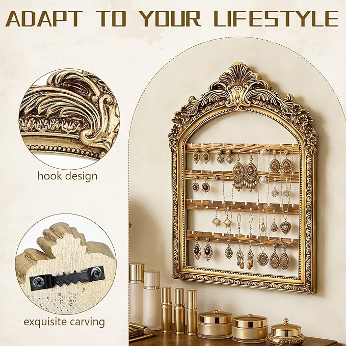 Wall Hanging Earring holder Organizers Vintage Arched Frame 13 x 9.3 Inch 4 Layer Vintage Gold Arched Frame Decorative Earring Organizer Display for Earring Bracelet Necklace Ring Birthday Wedding