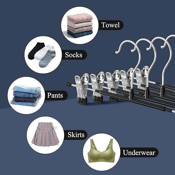 14Inch Black Pants Hangers with Clips for Women 10 Pack Adjustable Heavy Duty Space Saving Skirt Hangers Non-Slip Trousers, Jeans Clothes,Shorts