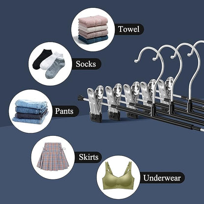 14Inch Black Pants Hangers with Clips for Women 10 Pack Adjustable Heavy Duty Space Saving Skirt Hangers Non-Slip Trousers, Jeans Clothes,Shorts