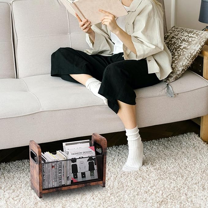 Wood Magazine Holder & Rack - Retro Brown Mesh Storage Basket for Books, Newspapers, Files - Desk/Floor Organizer