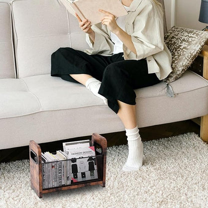 Wood Magazine Holder & Rack - Retro Brown Mesh Storage Basket for Books, Newspapers, Files - Desk/Floor Organizer