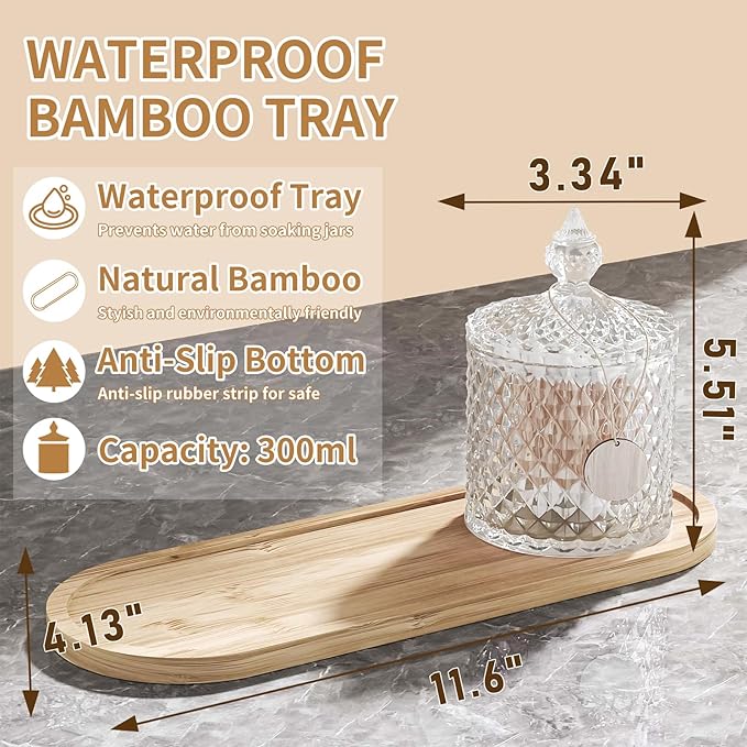 3 Pack Glass Qtip Holder Dispenser with Tray and Tag, Apothecary Jars with Lid, Bathroom Canisters for Storage Organizer for Cotton Swabs, Balls, Pads, Floss Picks, Candy, Jewelry (Clear, 10oz × 3)