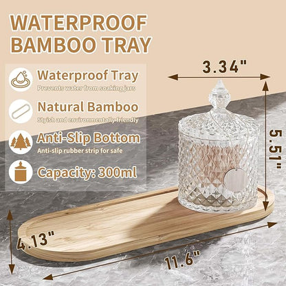 3 Pack Glass Qtip Holder Dispenser with Tray and Tag, Apothecary Jars with Lid, Bathroom Canisters for Storage Organizer for Cotton Swabs, Balls, Pads, Floss Picks, Candy, Jewelry (Clear, 10oz × 3)