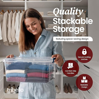 Tribello Plastic Storage Bins with Lids, Clear Stackable Storage Containers - 9.5 Qt - 2 Pack