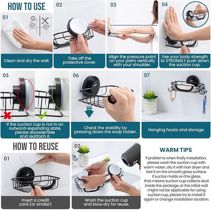 TAILI Shower Soap Holder, Soap Dish for Shower Wall with Hook, Bar Soap Holder, Suction Cup with Razor Holder, Stainless Steel for Bathroom Accessories, Black