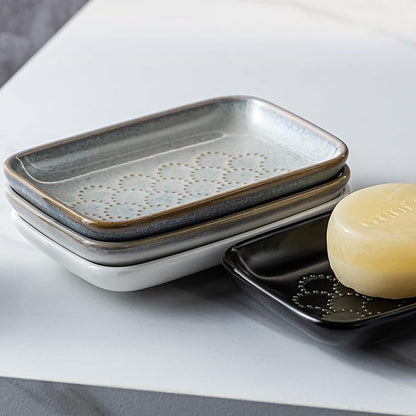 Gomakren Ceramic Soap Dish with Raised Scalloped Design, Versatile Soap Holder & Tray for Bathroom and Kitchen Sink, Prevents Soggy Soap, Rustic Modern Decor, Easy to Clean, Gray (5.59" x 4.02")