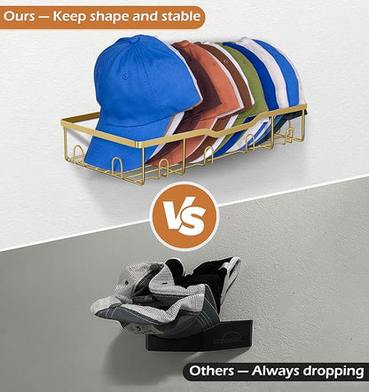 KEETDY Metal Hat Organizer for Baseball Caps Wall Hat Rack Fit 48 Caps Holder, 2 Packs Sturdy Wall Mounted Hat Storage Organizer, Gold