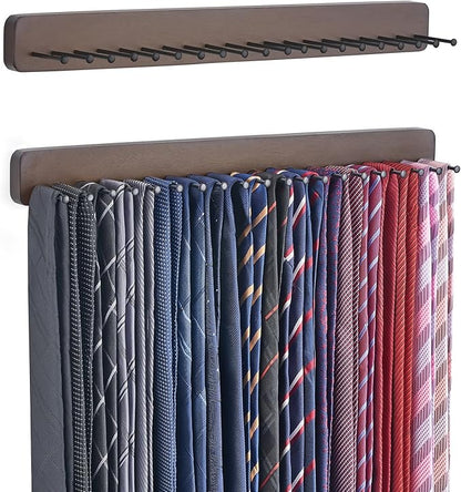 Mkono 2 Packs Tie Rack Wall Mounted Belt Hanger Holder Rustic Wood Tie Organizer for Men Closet Max up 20 Storage for Ties Belts Scarf