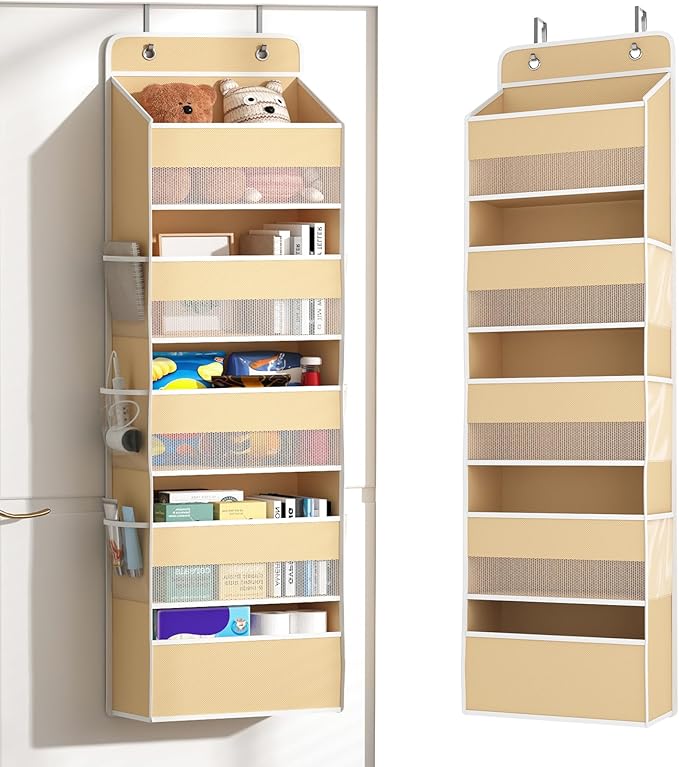 Kaitiemoo 1 Pack 5-Tier Over the Door Organizer, Heavy-Duty Large Deep Pocket Hanging With 5 Large Front & 6 Side Pockets With for Pantry, Kitchen, Bathroom, Dorm, Beige