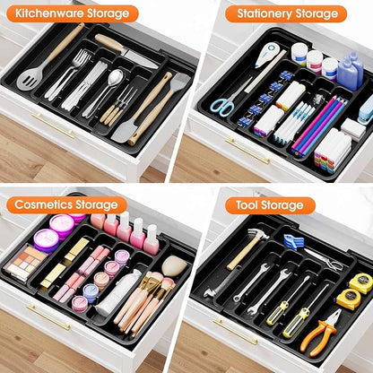 SpaceHacks Silverware Organizer，Adjustable & Expandable Utensil Drawer Organizer, BPA Free Utensil Holder, Cutlery Tray for Forks, Spoons, Knives in Kitchen, Medium, Black