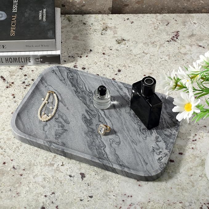 Koville Marble Tray, 12"x8" Natural Marble Vanity Tray for Countertop Bathroom Kitchen Dresser, Decorative Marble Catchall Trays for Perfume Jewelry(Grey)