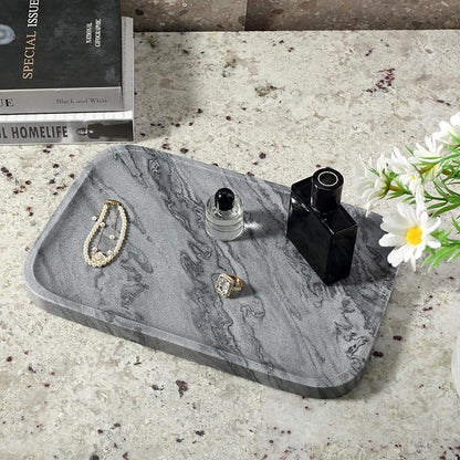 Koville Marble Tray, 12"x8" Natural Marble Vanity Tray for Countertop Bathroom Kitchen Dresser, Decorative Marble Catchall Trays for Perfume Jewelry(Grey)