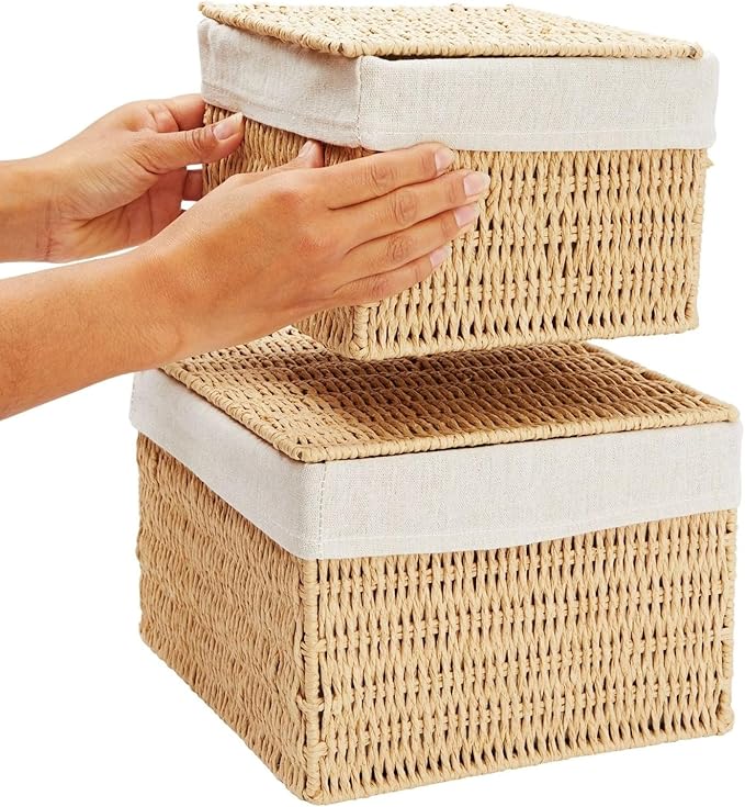 Juvale Wicker Storage Bins with Lids and Insert - Set of 2, 10 x 10 x 7 in & 8 x 8 x 6 in, Brown - Rectangular Lined Baskets with Lids & Insert for Organization